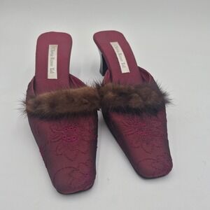 Olivia Rose Tal Italy Burgundy Satin Fur Trim Floral Embroidered Mules Heels 9